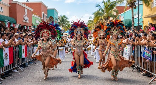 Colorful, vibrant performers in elaborate feathered costumes dancing during the Playa del Carmen Carnival parade. The streets are lined with cheering crowds. Bright daytime lighting highlights the rich reds, blues, and golds of the festive attire. Cultural and energetic.