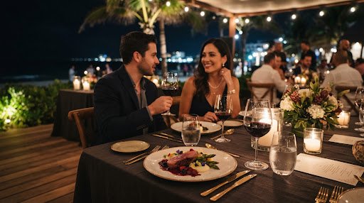 An elegant, dimly lit shot of a gourmet dining experience during a Food and Wine festival in Playa del Carmen. Fine wine glasses catching the light, beautifully plated haute cuisine, and sophisticated guests in the blurred background. Luxurious and appetizing.